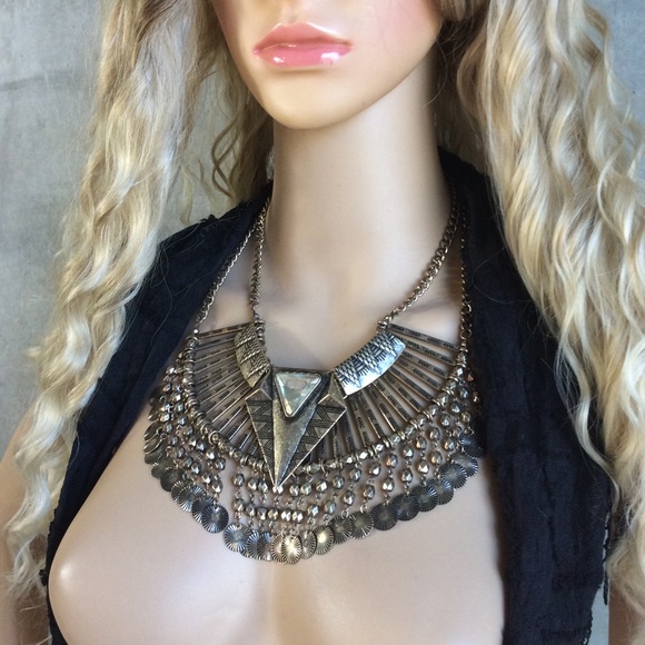 🌸GOLD BRONZE NECKLACE BIB LARGE GODDESS EGYPTIAN - Picture 4 of 8